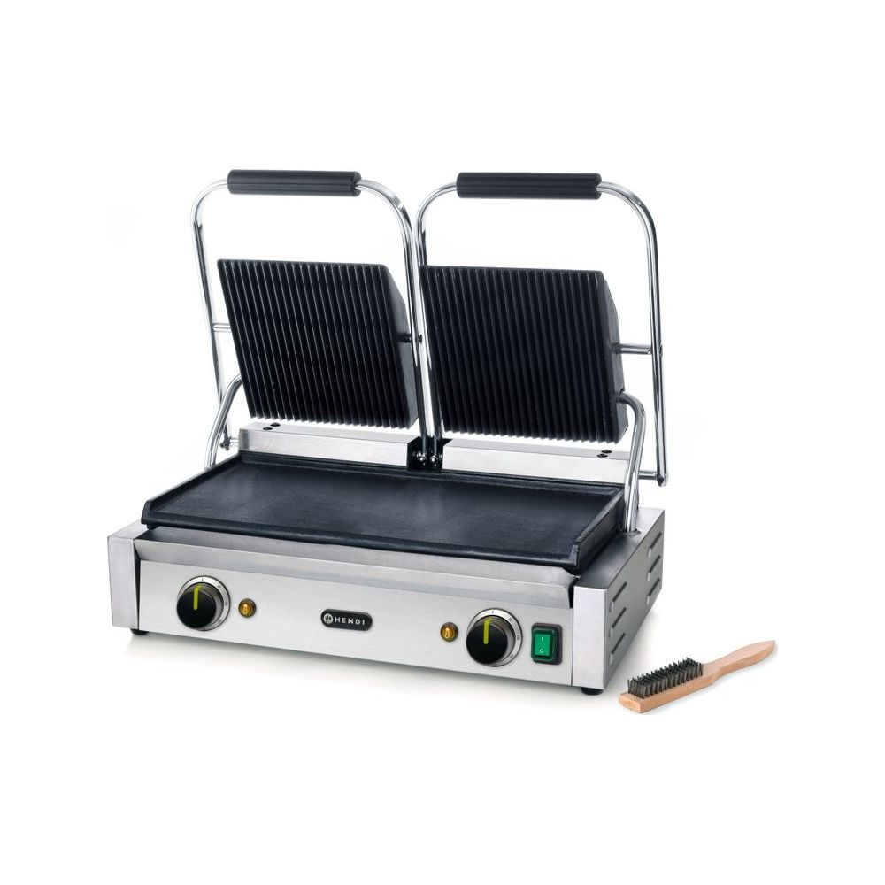 Grill a contatto doppio in acciaio inox con due piastre e una spazzola.