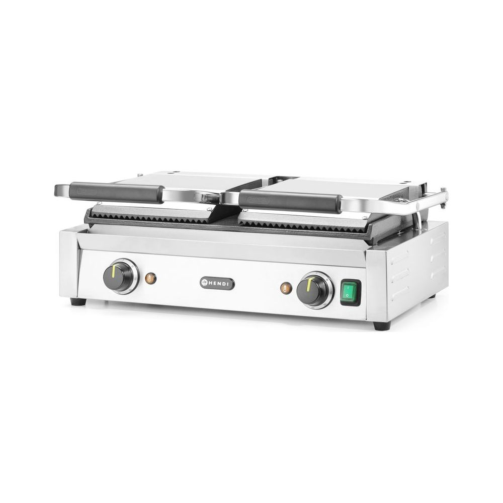 Grill a contatto doppio in acciaio inox con due manici e manopole.