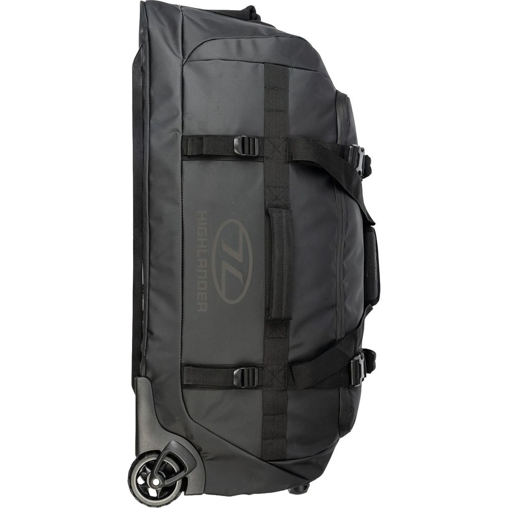 Schwarze Reisetasche mit Rollen und Tragegurten. Marke Highlander.