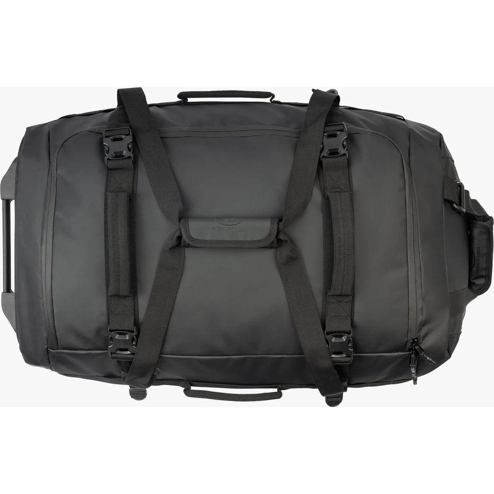 Schwarze Reisetasche mit Rollen, Gurten und Griffen. Logo sichtbar.