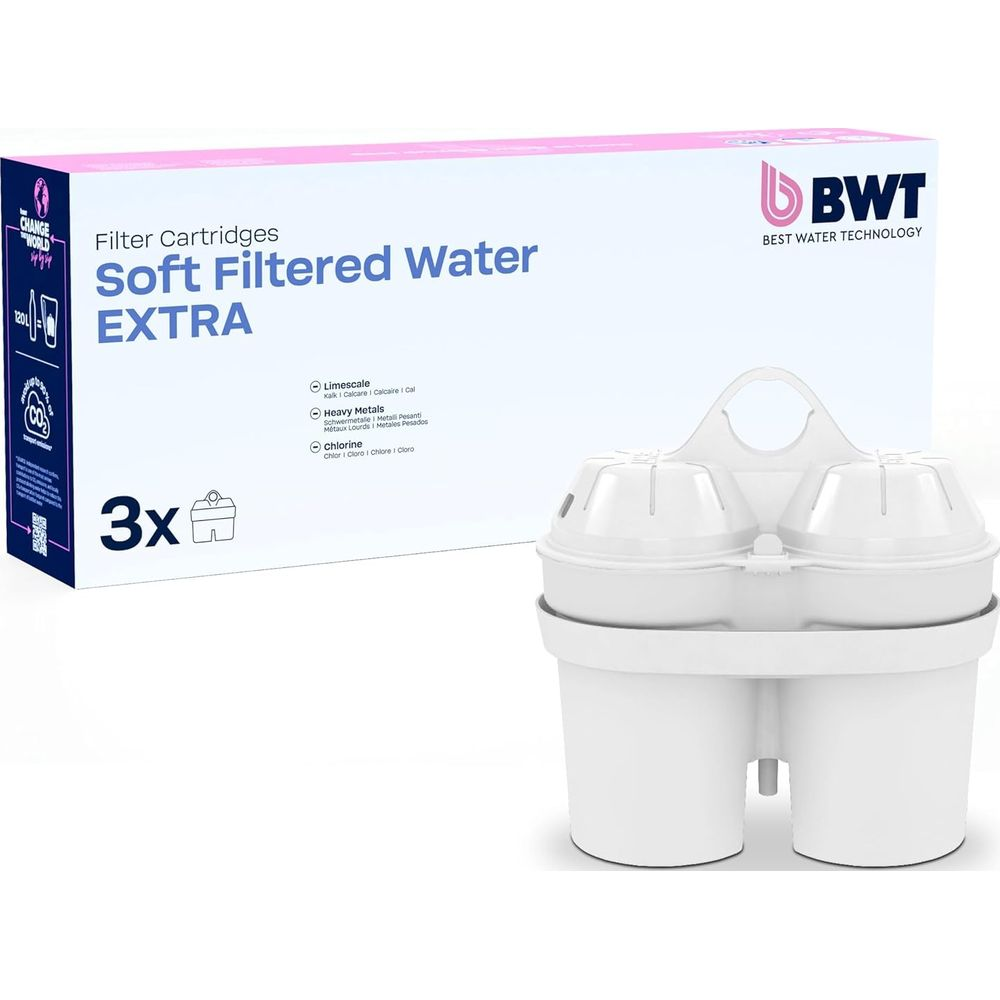 Pudełko wkładów BWT Soft Filtered Water Extra z 3 filtrami wody.