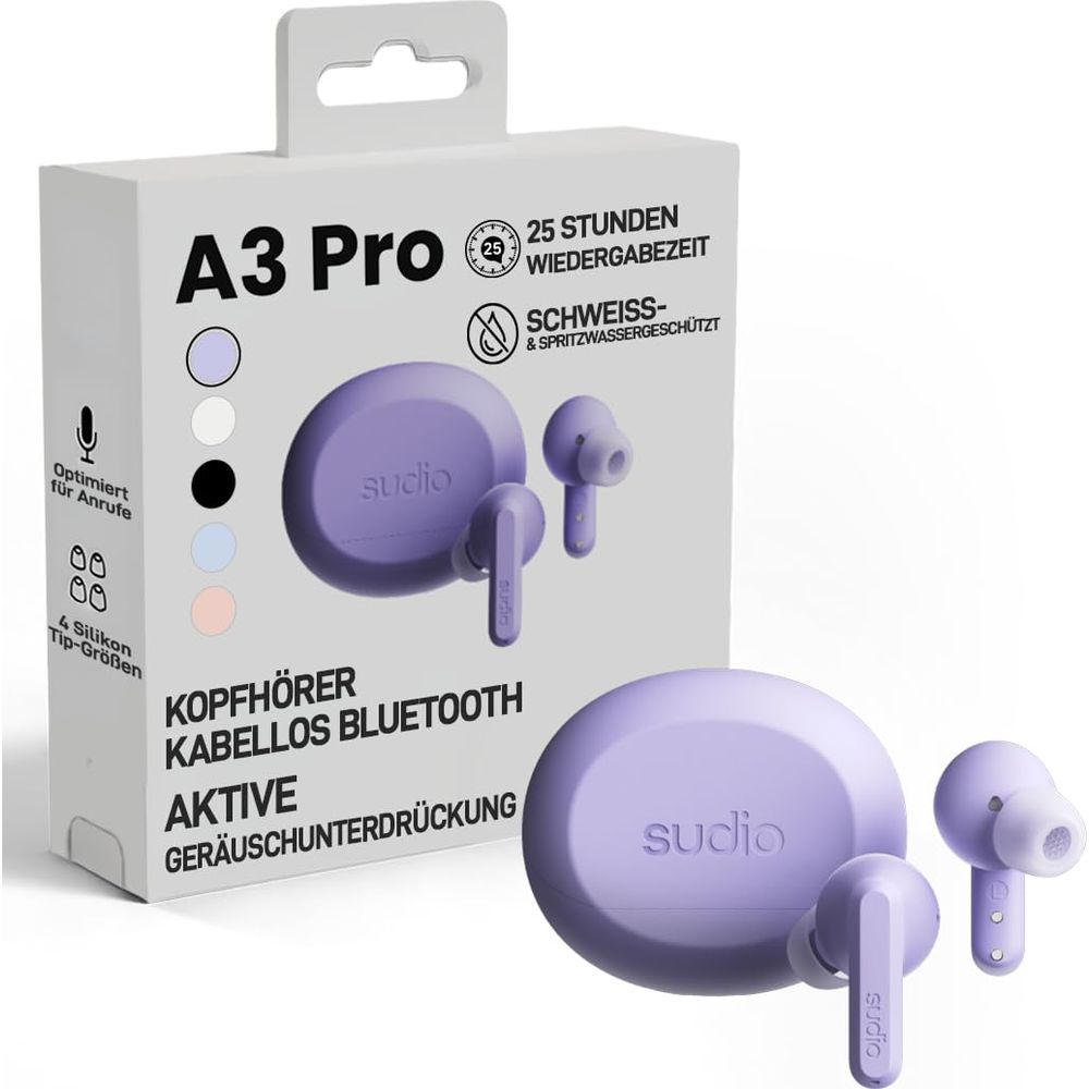 Auricolari wireless Sudio A3 Pro viola con custodia di ricarica, su confezione bianca.