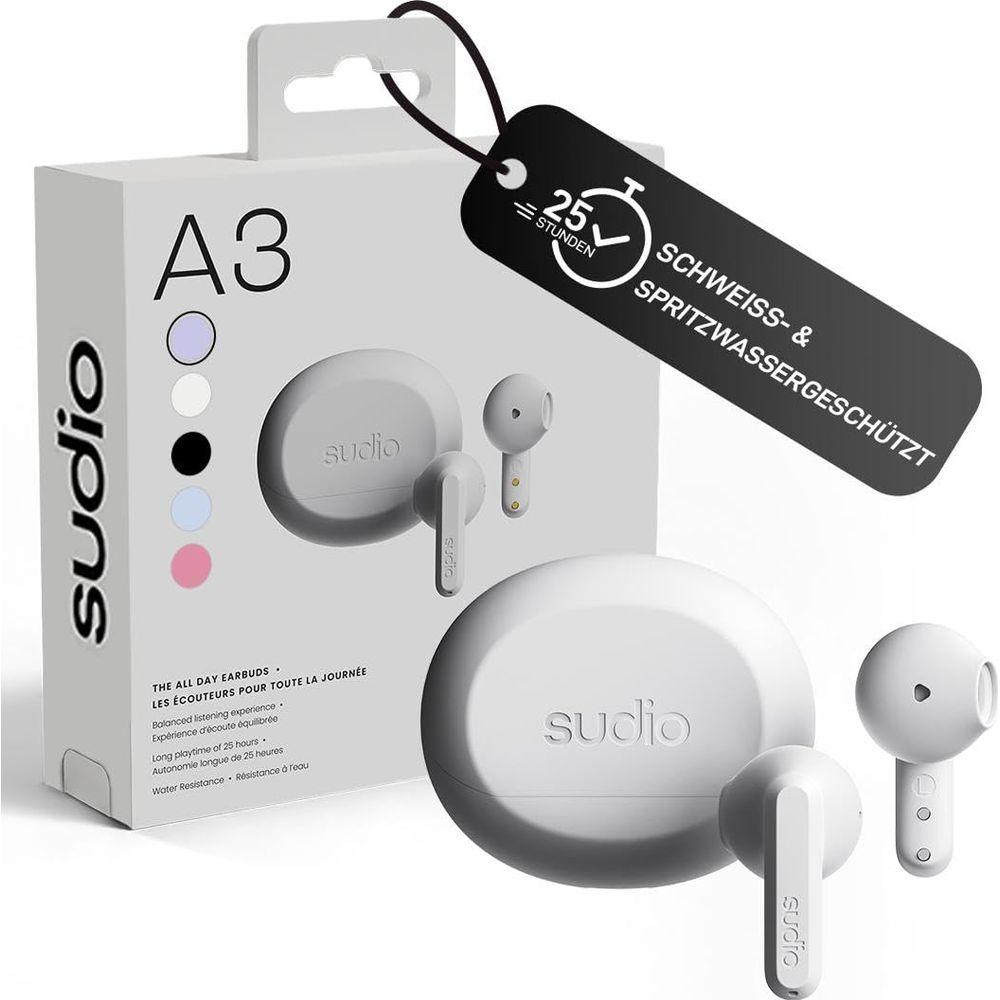 Auricolari Sudio A3: Custodia bianca, auricolari bianchi, 25 ore batteria, resistenti.