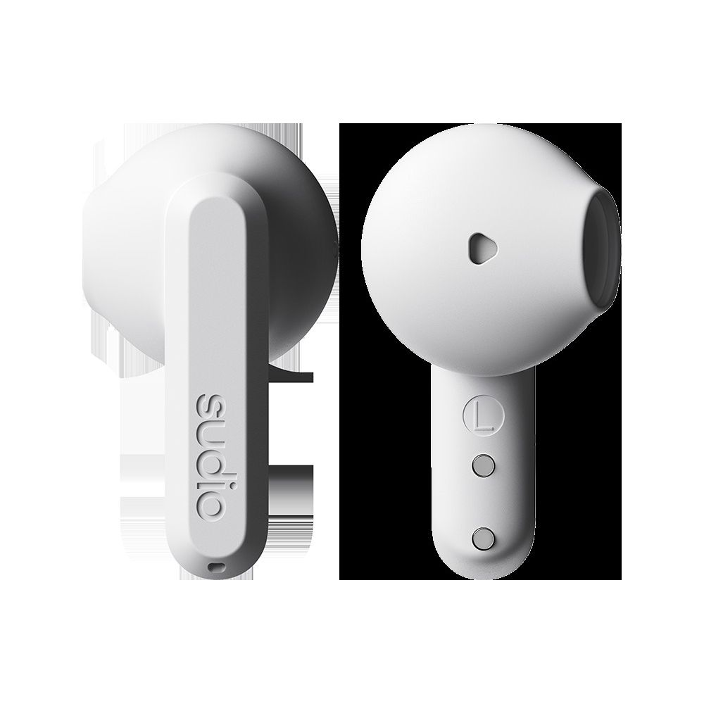 Due auricolari Sudio bianchi uno accanto all'altro.