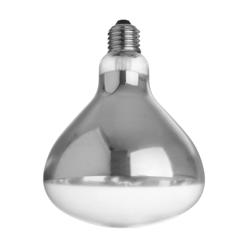 Una lampadina argentata con base bianca su sfondo bianco.