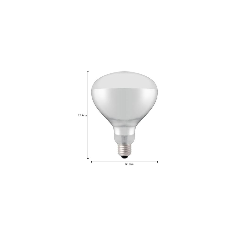 Una lampadina argentata alta 12,4 cm e larga 12,4 cm su sfondo bianco.