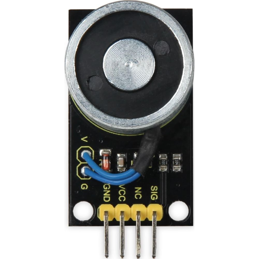 Un PCB noir avec un haut-parleur rond, des broches étiquetées (V, G, GND, VCC, NC, SIG) et des fils bleus.