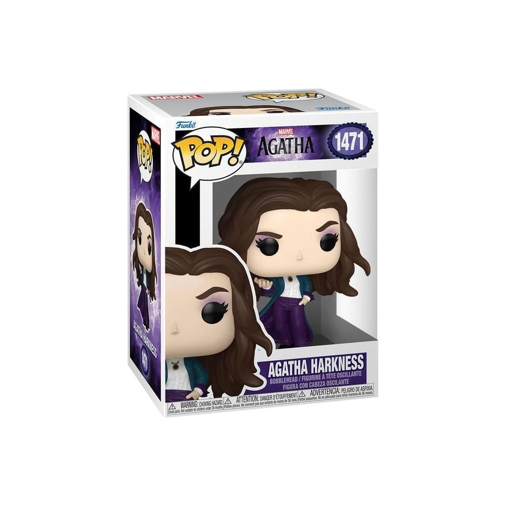 Figurka Funko Pop! Agatha Harkness w pudełku, w fioletowej spódnicy i niebieskiej kurtce.