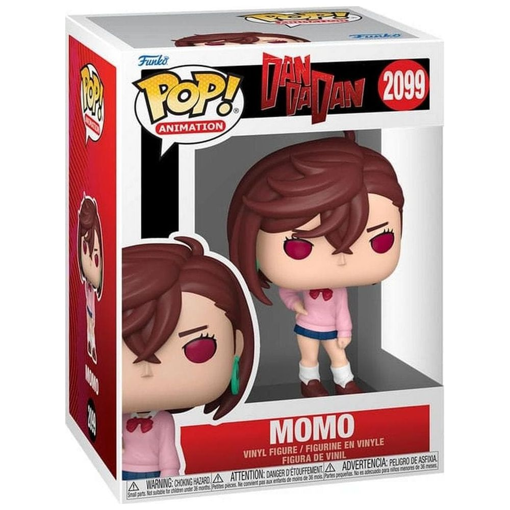 Figurka Funko Pop! winylowa Momo z Dan Dan Dan 2099, brązowe włosy, różowy sweter, niebieskie spodenki.