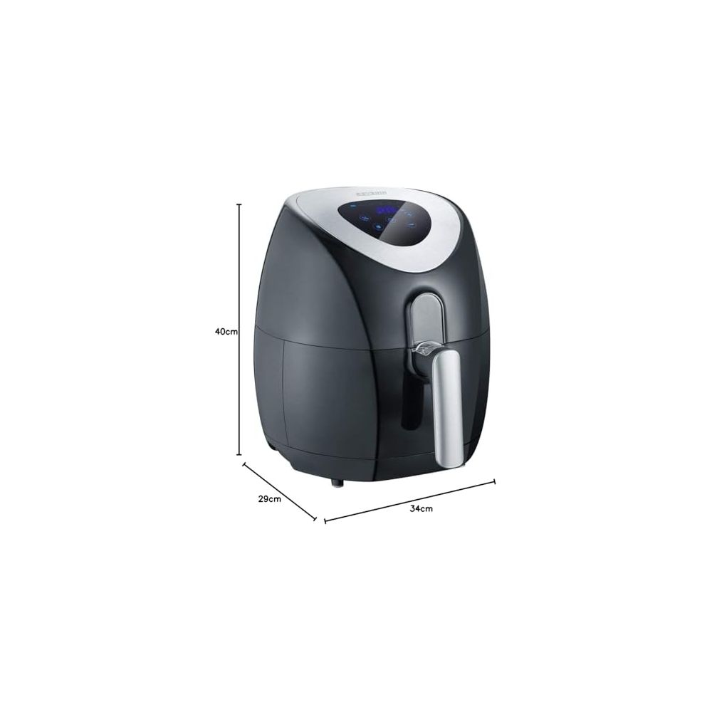 Friggitrice ad aria nera con display digitale e manico argentato. Dimensioni: 40x29x34cm.