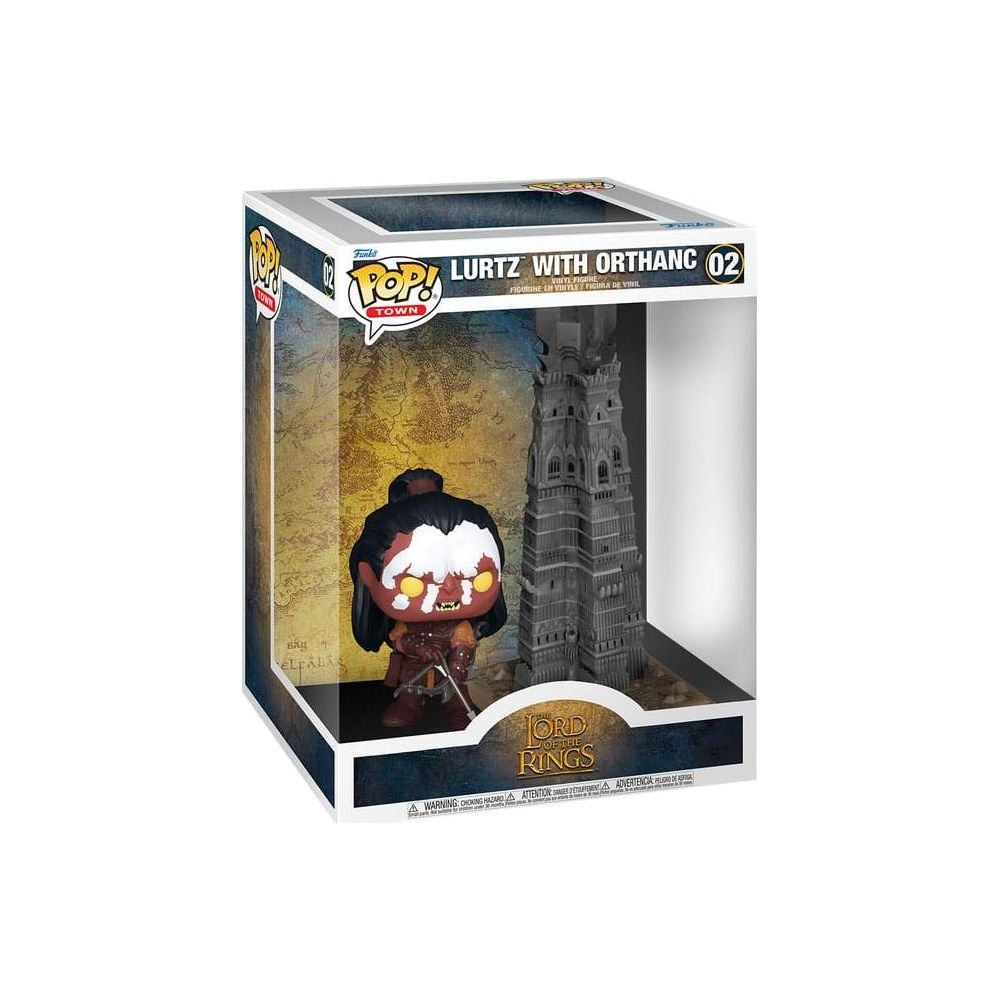 Action figure Funko Pop Lurtz con Orthanc davanti a una mappa della Terra di Mezzo.