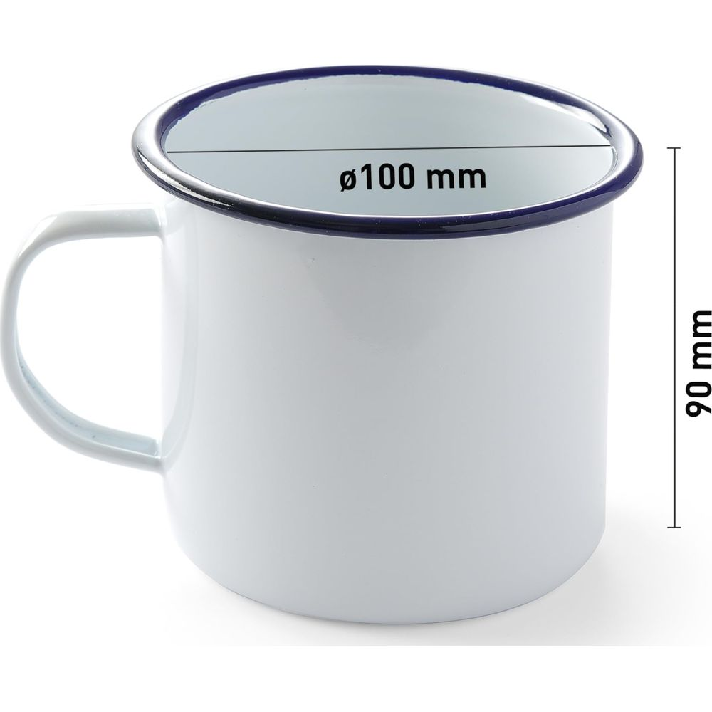 Una tazza smaltata bianca con bordo blu. Dimensioni: 100 mm diametro, 90 mm altezza.