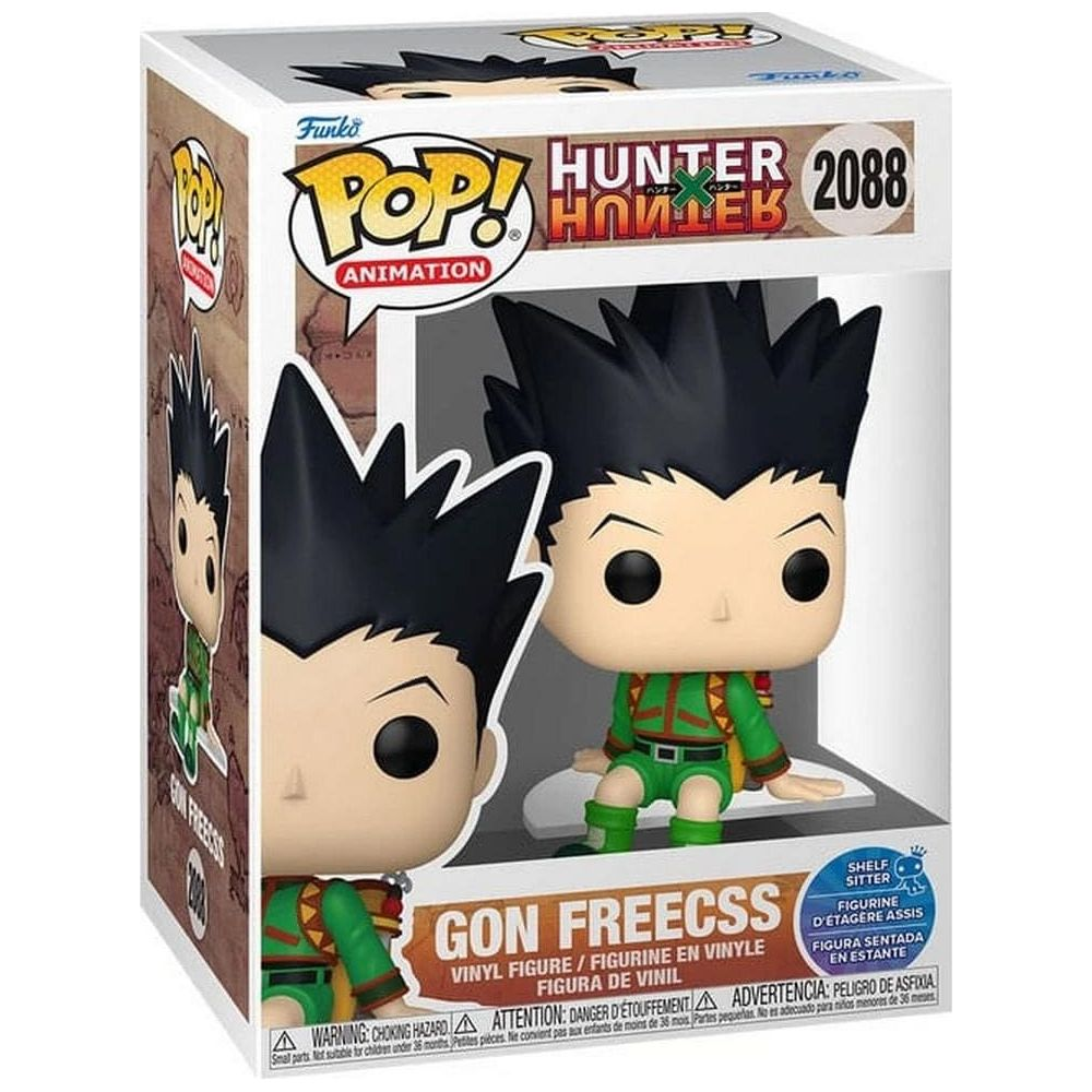 Funko Pop di Hunter x Hunter di Gon Freecss in scatola. La figura indossa abito verde.