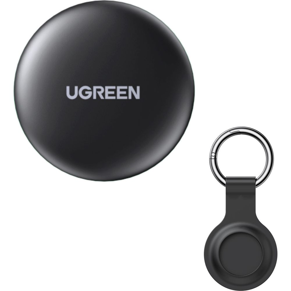 Czarny lokalizator UGREEN z uchwytem na breloczek na białym tle.