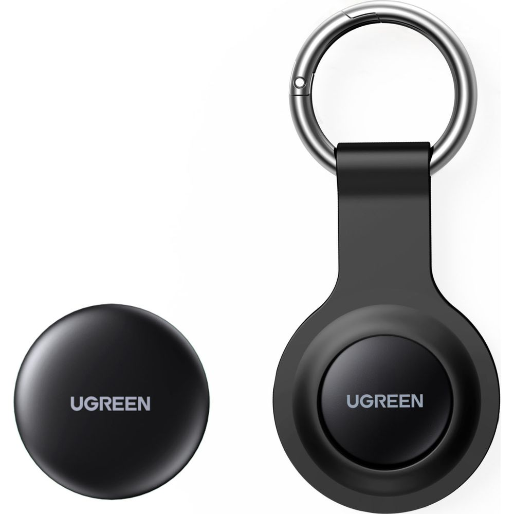 Dwa czarne etui na lokalizator UGREEN, jedno okrągłe, jedno z brelokiem.