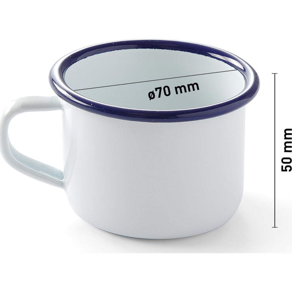 Tazza in smalto bianco con bordo blu, Ø 70 mm, altezza 50 mm.