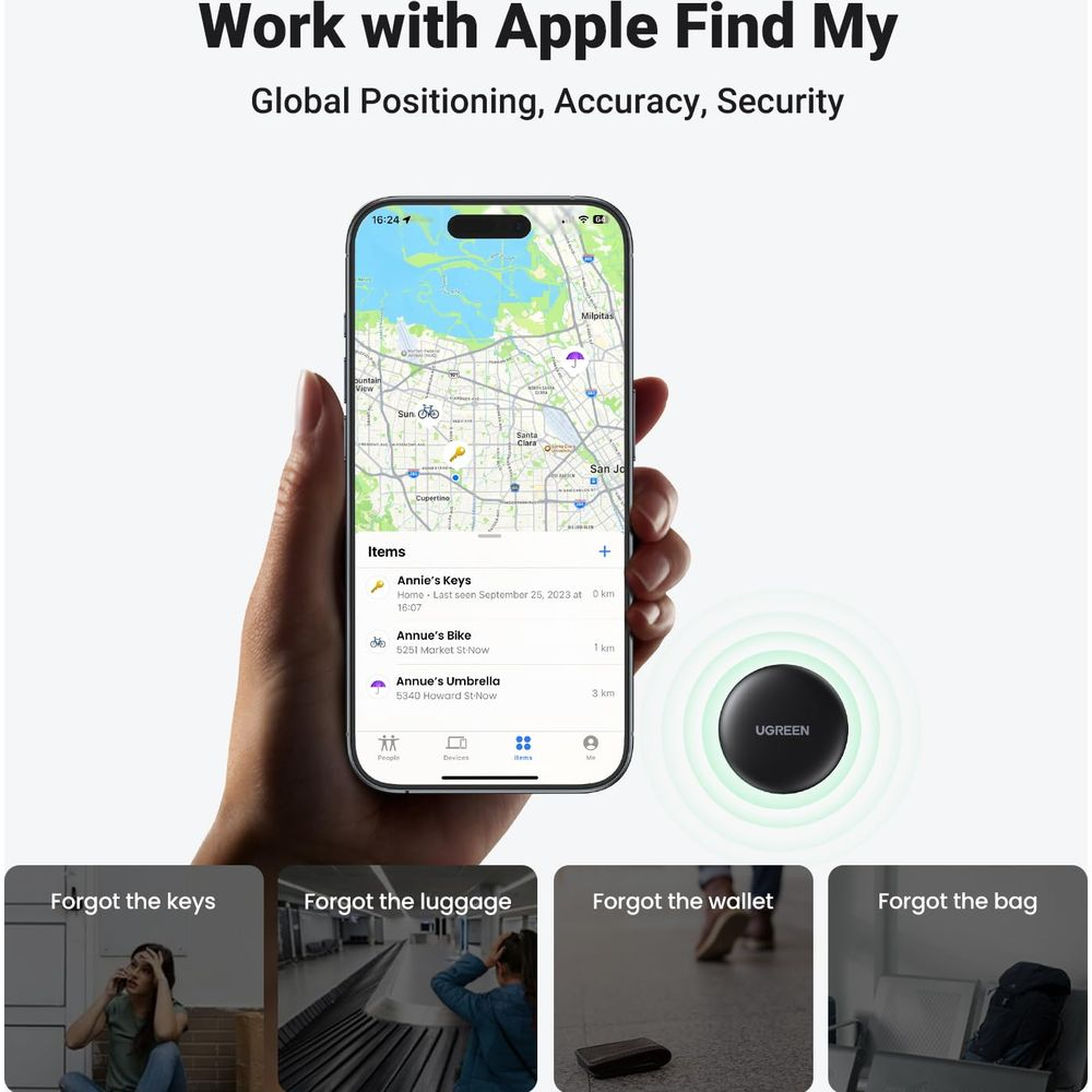 iPhone wyświetla aplikację 'Znajdź' z lokalizacjami jak San Jose. Pokazano lokalizator Ugreen.