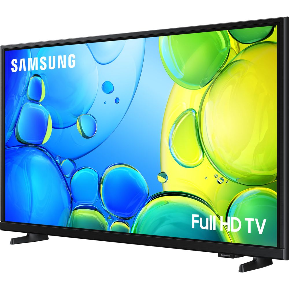 TV Samsung Full HD avec cadre et pied noirs, affichant des bulles colorées.