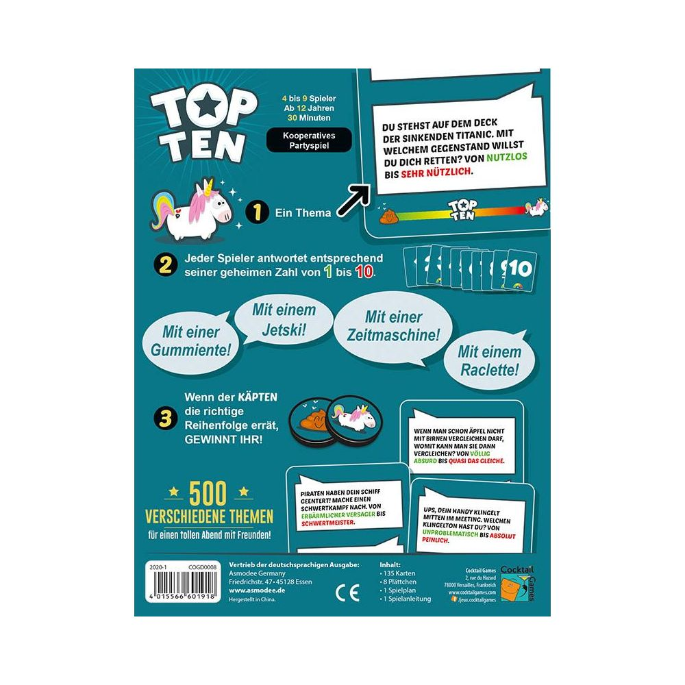 Spiel "Top Ten": Anleitung mit Spielbrett, Karten, Plättchen und Regeln.