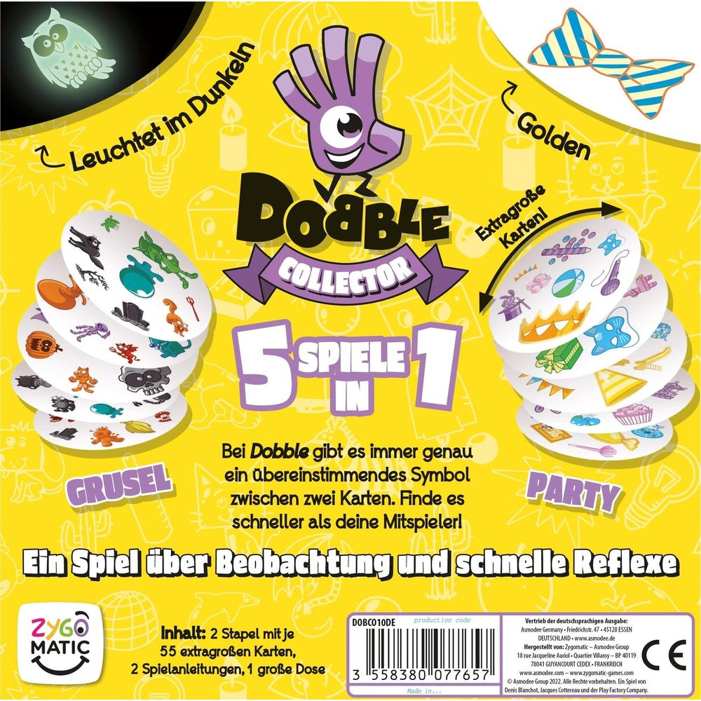 Boîte de jeu Dobble Collector avec symboles, cartes et un hibou lumineux. Fond jaune.