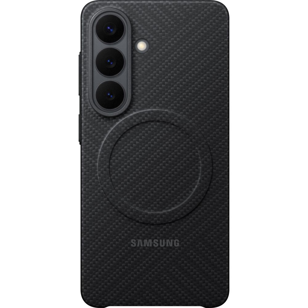 Black phone case with three cameras and Samsung logo. Textured surface.