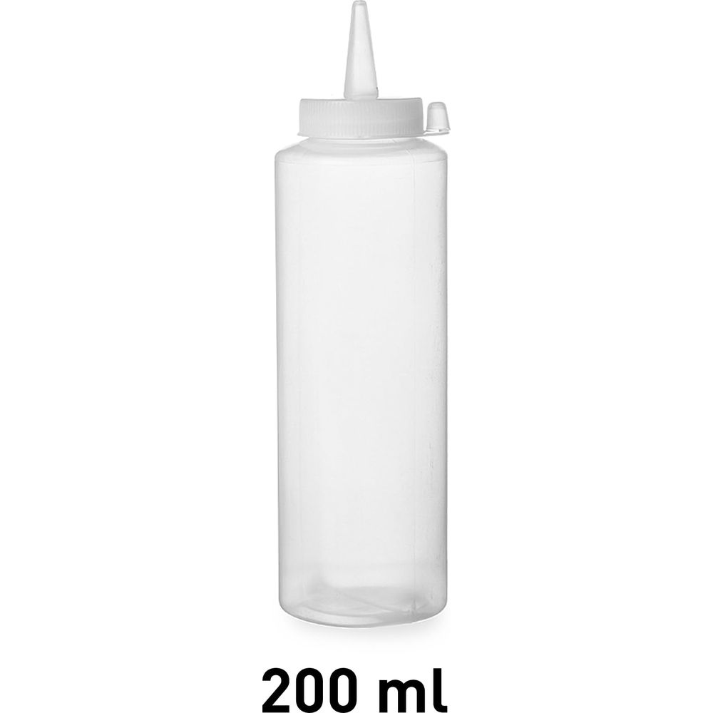 Bottiglia di plastica trasparente con beccuccio stretto bianco e tappo a vite.
