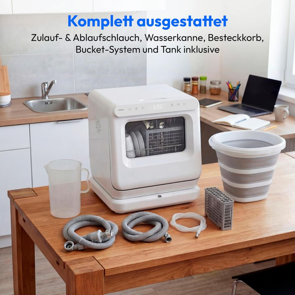 Kompakter Geschirrspüler mit Zubehör wie Schläuchen, Kanne und faltbarem Eimer.
