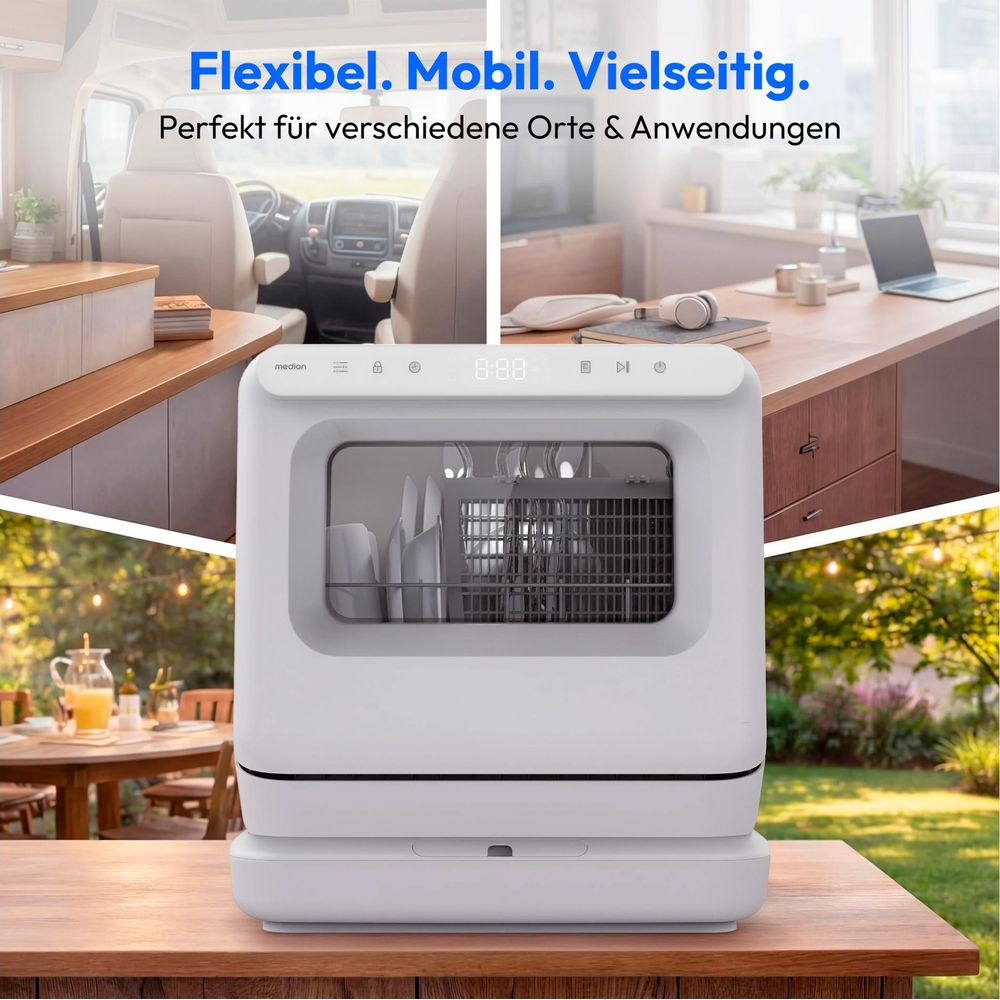 Ein kompakter Geschirrspüler steht auf einem Holztisch vor einem Garten. Oben: Ein Wohnmobil-Inneres und ein Schreibtisch.