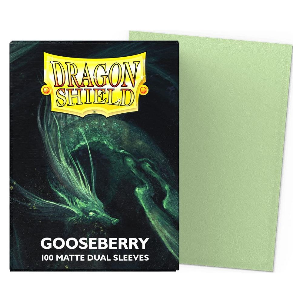 Grüne Spielkartenhüllen mit Drachen-Design und "Gooseberry"-Aufschrift.