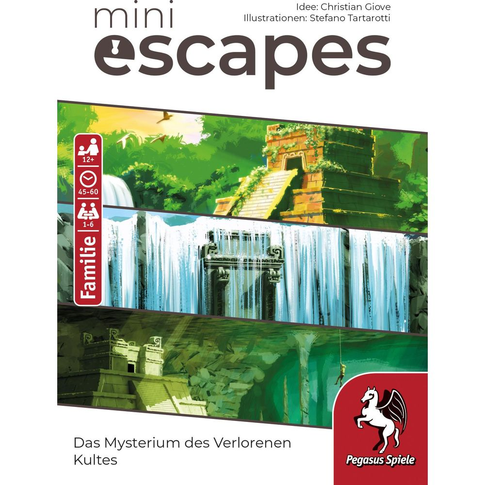 Copertina del gioco: Mini Escapes, una rovina nella giungla, cascate e una persona su una corda.