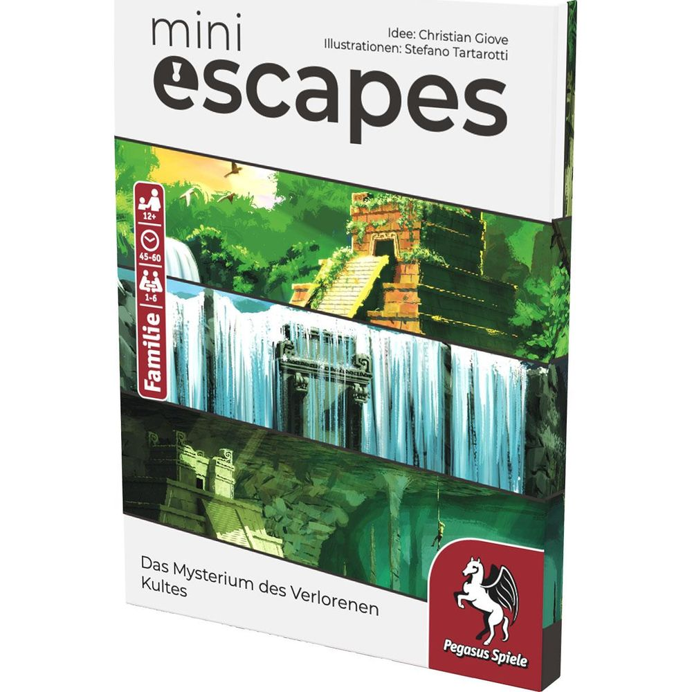 Copertina gioco da tavolo: rovine nella giungla, cascate, titolo 'Mini Escapes'.