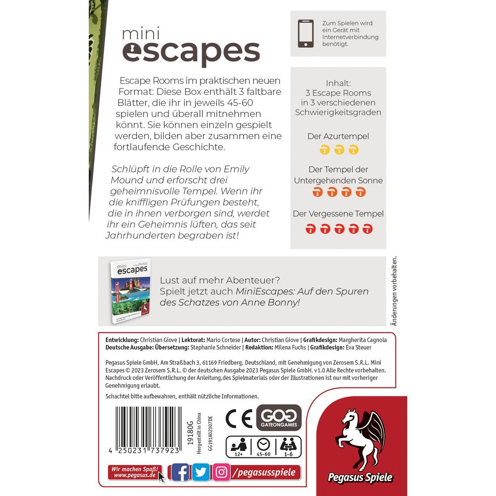 La scatola "Mini Escapes" mostra il tabellone di gioco, informazioni sul gioco e il contenuto.