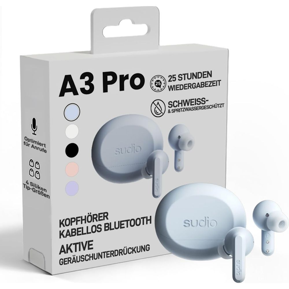 Auricolari wireless Sudio A3 Pro in confezione azzurra con accessori.