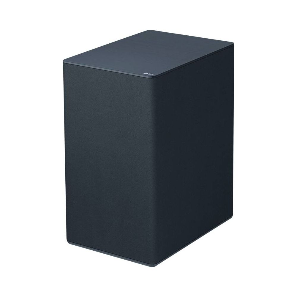 Ein dunkler, rechteckiger LG Subwoofer steht auf weißem Hintergrund.
