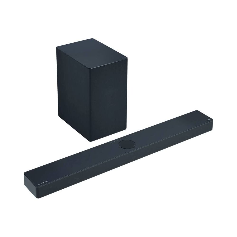 Schwarzer Subwoofer und Soundbar auf weißem Hintergrund.