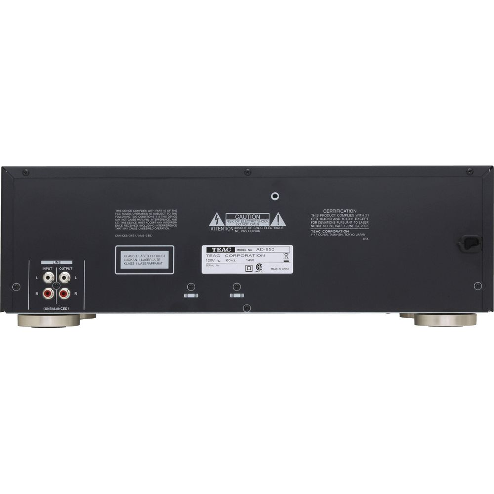 Vue arrière d'un lecteur CD TEAC AD-850 noir avec connexions et étiquettes d'avertissement.