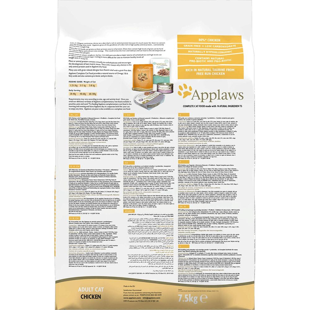 Una bolsa de comida seca Applaws para gatos adultos, sabor pollo, 7,5 kg.