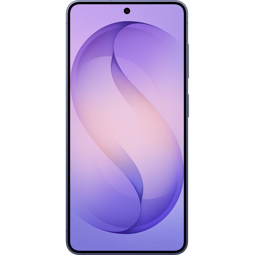 Ciemny smartfon z fioletową tapetą i pojedynczym aparatem przednim.