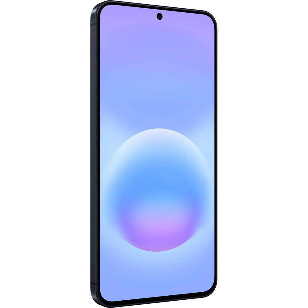 Ein dunkles Smartphone mit einem blauen und violetten Hintergrundbild.