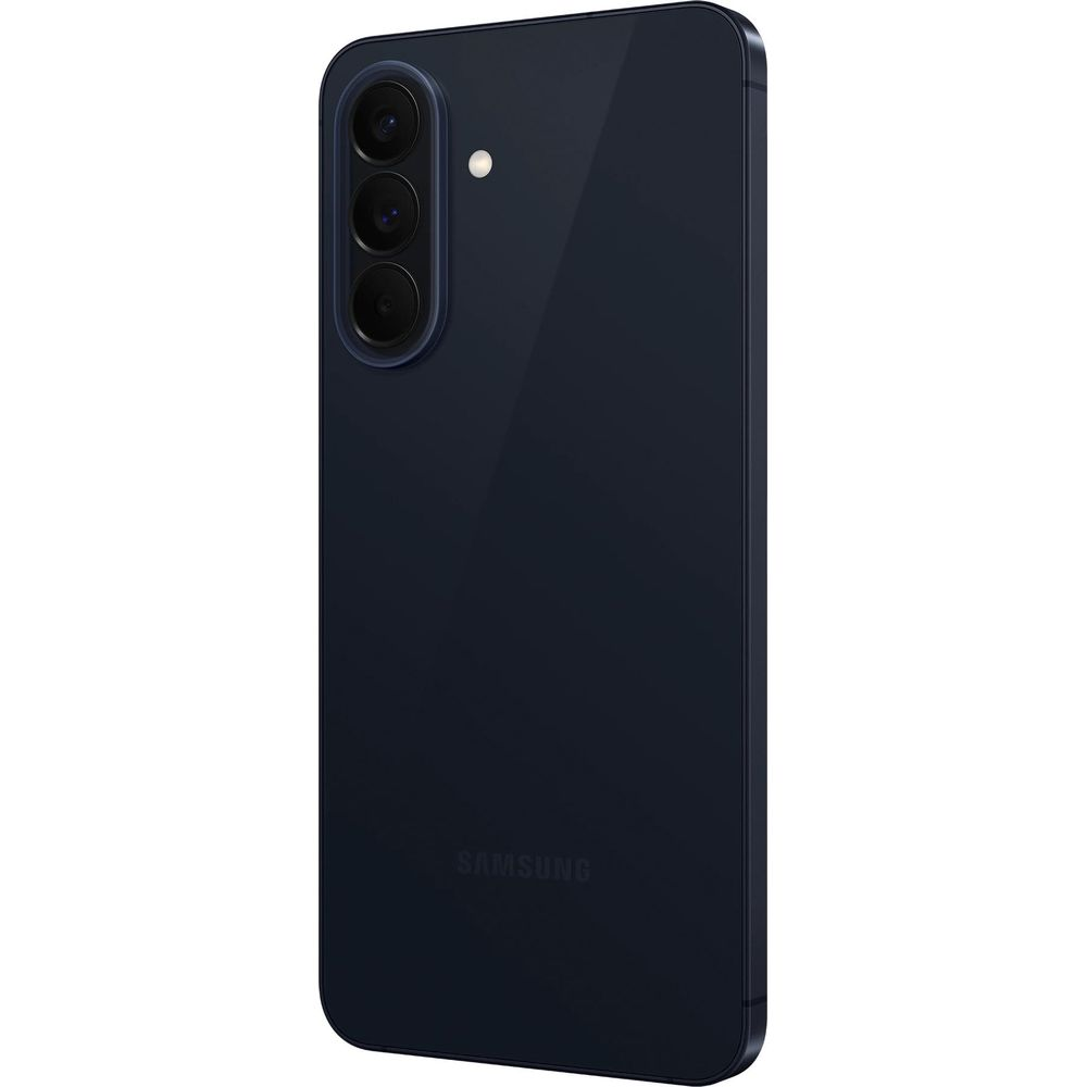 Dunkelblaues Samsung Smartphone mit drei Kameras und Blitz. Samsung Logo.
