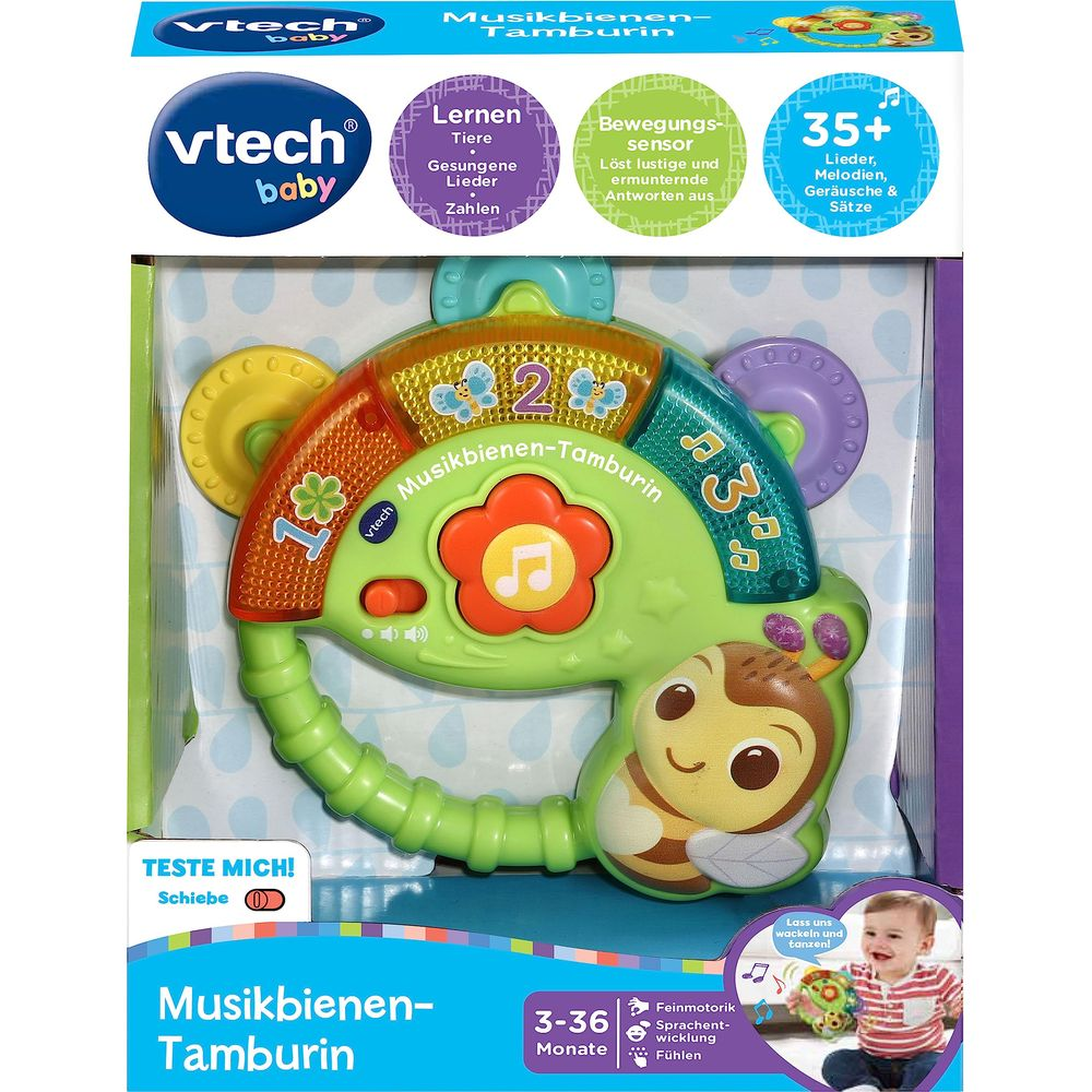 Ein buntes Vtech Musikbienen-Tamburin Spielzeug mit einer Biene und Zahlen.