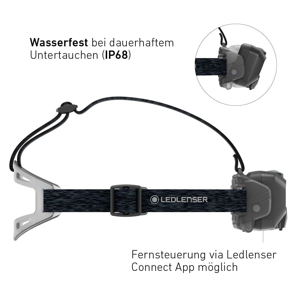 Lampe frontale Ledlenser avec sangle noire et étanchéité IP68.