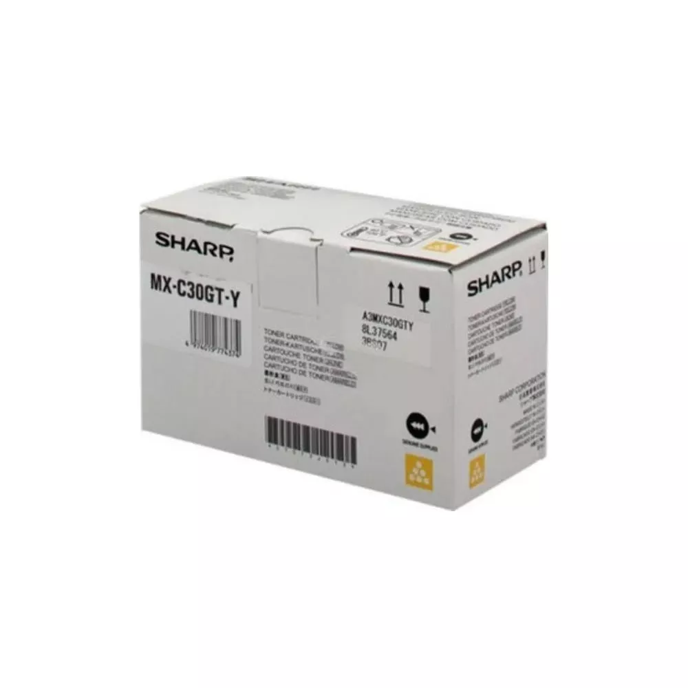 Een Sharp MX-C30GT-Y gele toner cartridge doos met productdetails en logo's.