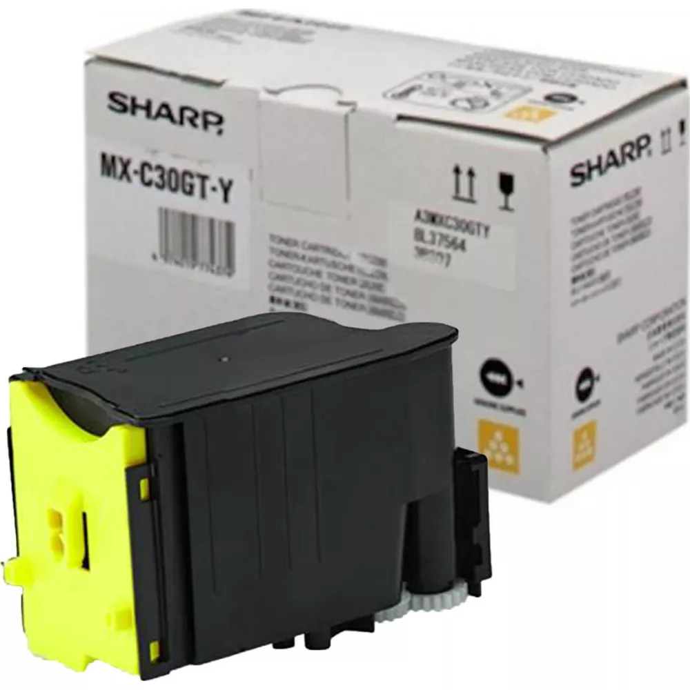 Een gele Sharp MX-C30GT-Y tonercartridge en doos.
