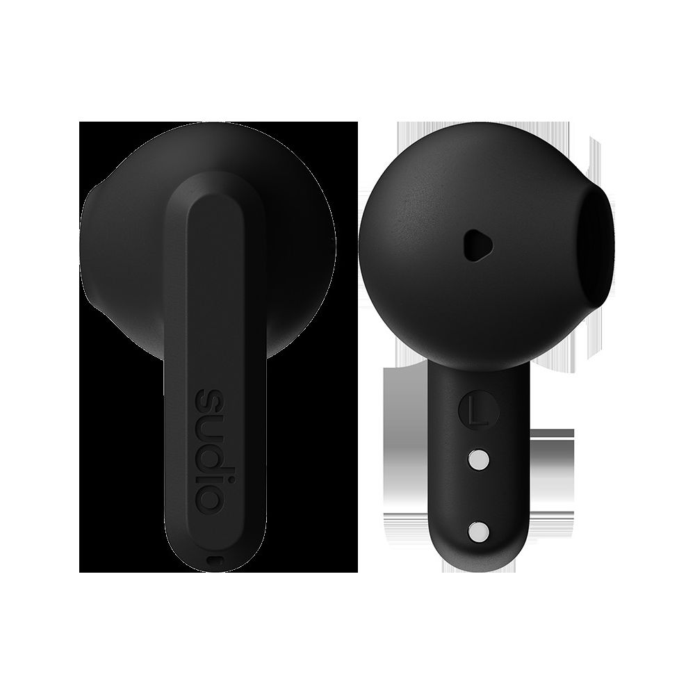 Zwei schwarze kabellose Ohrhörer mit dem Sudio-Logo auf einem Ohrhörer.