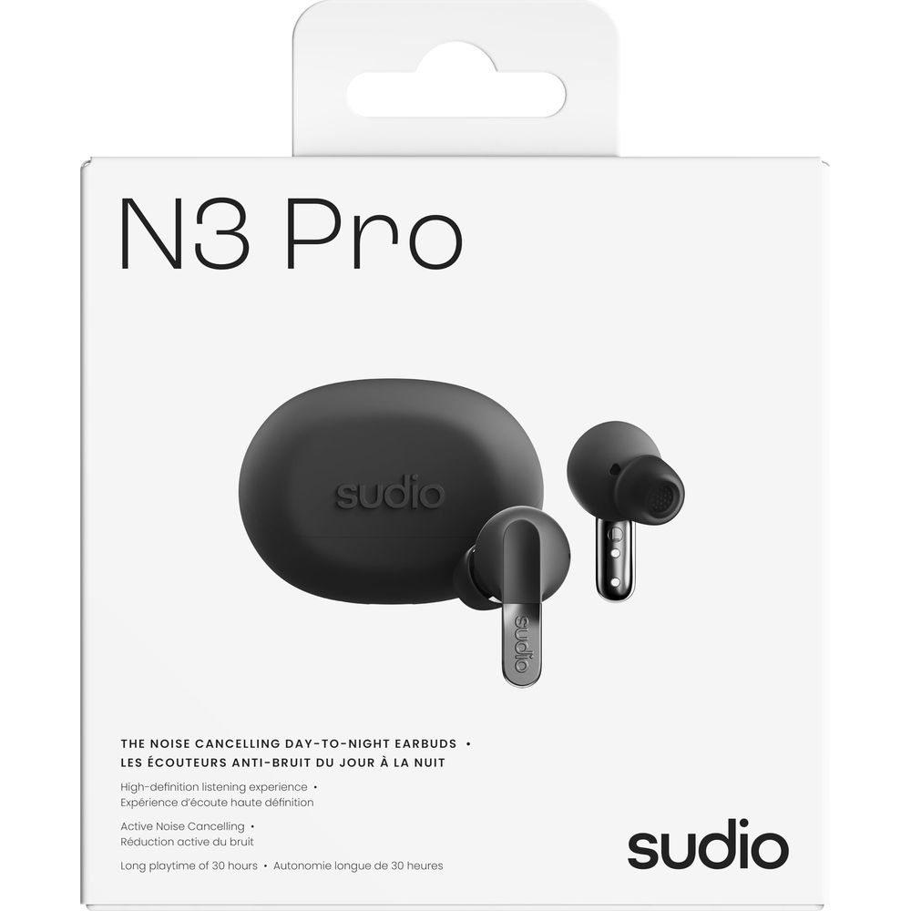 Emballage écouteurs Sudio N3 Pro avec étui de chargement et écouteurs.