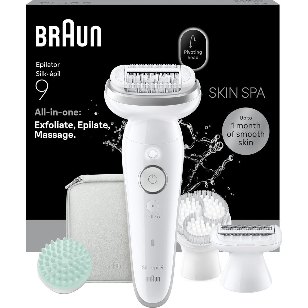 Epilatore Braun Silk-épil 9 Skin Spa bianco con accessori e informazioni sul prodotto.