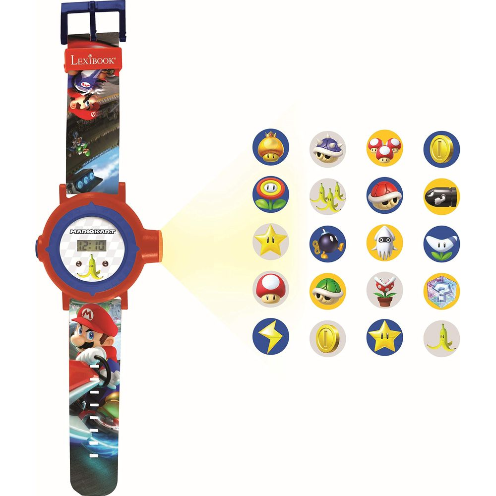 Reloj infantil temático de Mario, con proyector y varios iconos.