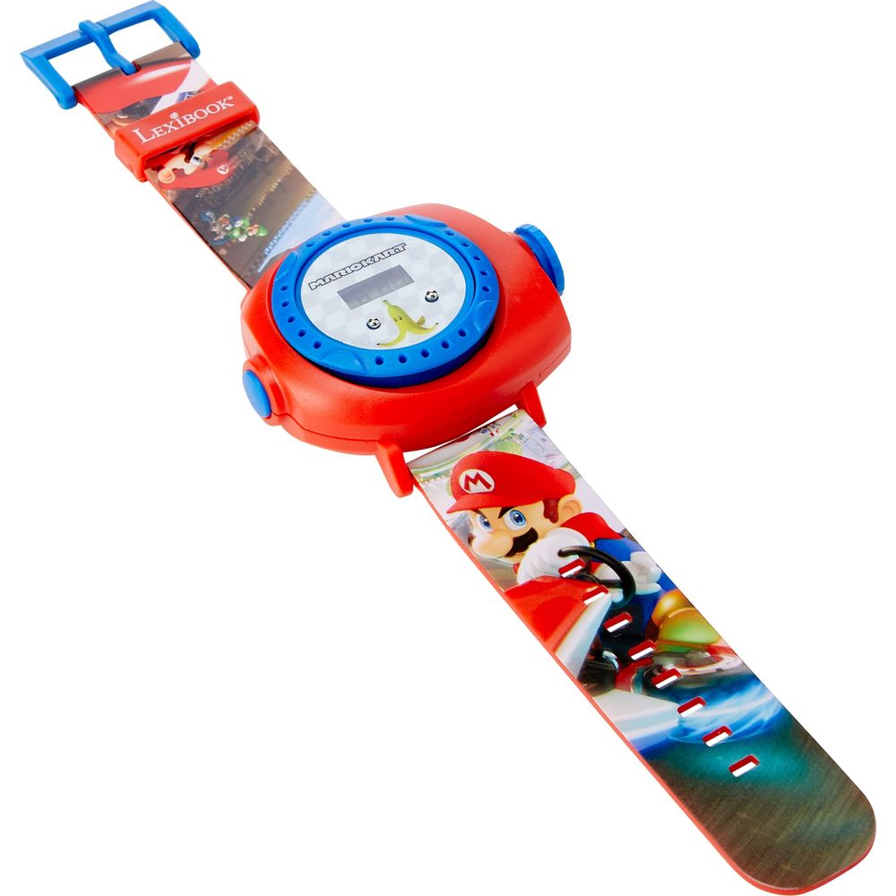 Reloj digital rojo con tema de Mario Kart, con Mario en la correa.