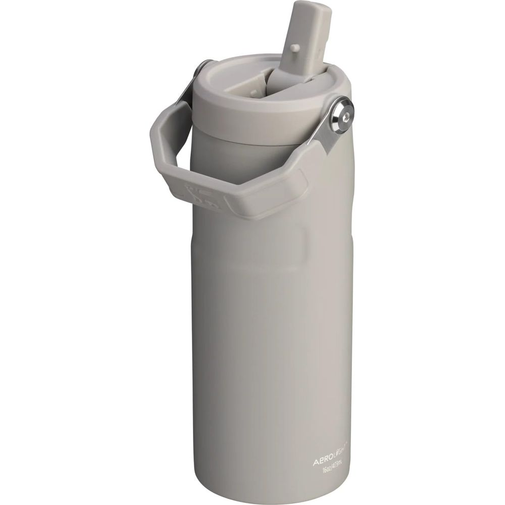 Gri saplı ve pipetli kapaklı açık gri su şişesi. Yazı: 'AERO LIGHT 16oz/473ml'.